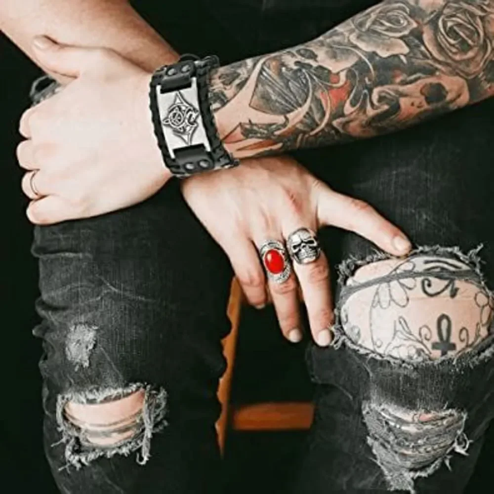 Viking Punk Gothic Black Leather Cuff Bracelet Wristband with Nordic Amulet